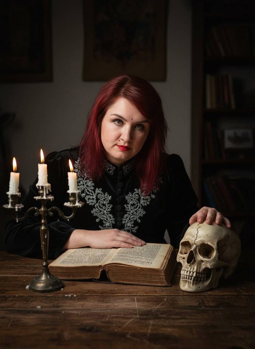 Eine Frau legt am Schreibtisch sitzend eine Hand auf einen Totenschädel und eine Hand auf ein altes Buch.