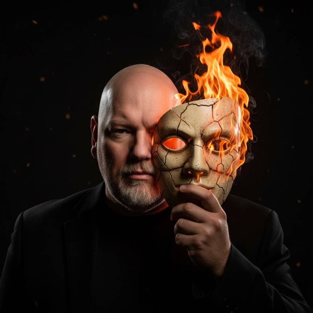 Casi nimmt sich eine brennende Maske ab.