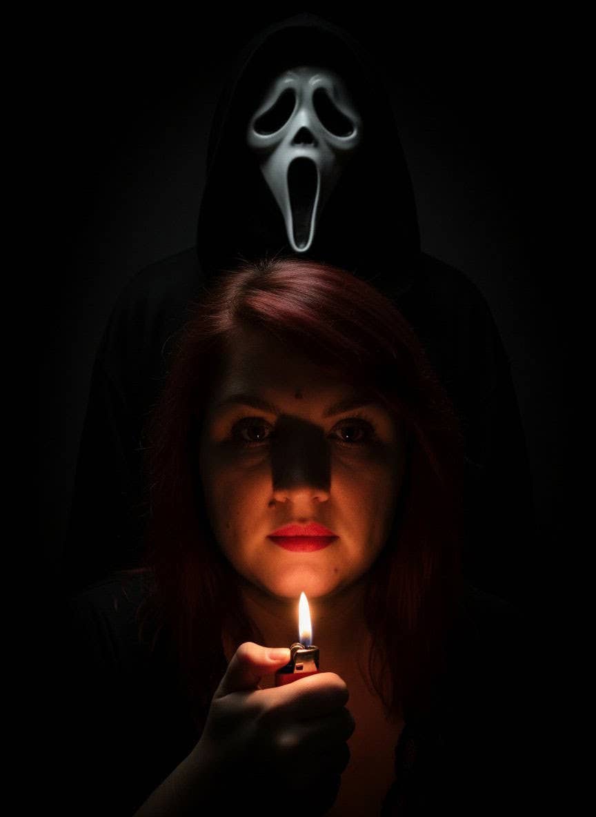 Eine Frau erleuchtet ihr Gesicht mit der Flamme des Feuerzeugs. Im Hintergrund eine Person mit "Scream"-Maske.