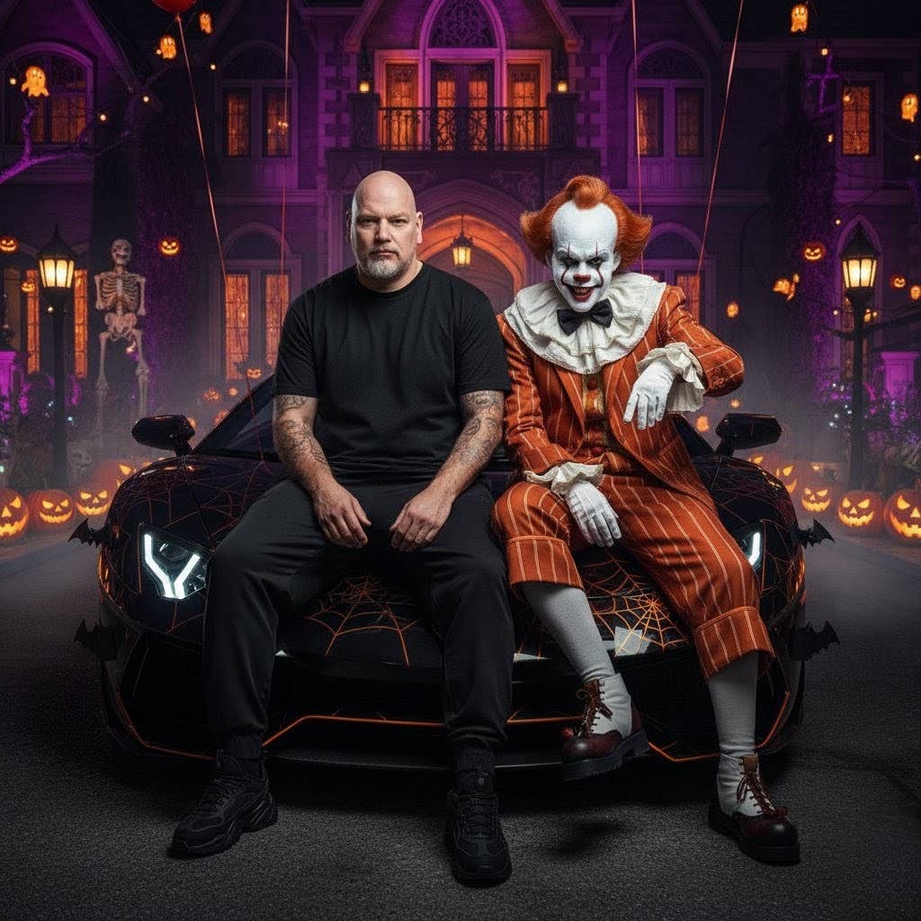 Casi sitzt auf der Motorhaube eines Sportwagens, neben sich Pennywise.