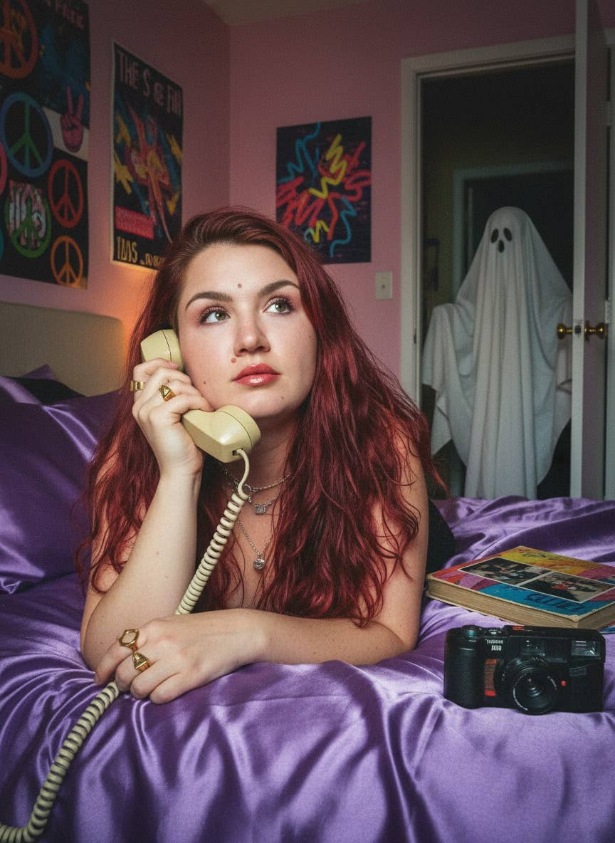 Frau telefoniert auf dem Bett, hinten in der Tür steht ein Geist (bzw. eine Person mit Bettlaken).