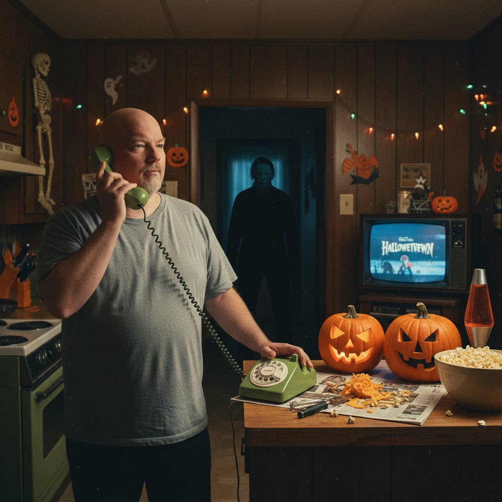 Casi steht in einer 70s-Style-Küche und telefoniert, während sich hinten Michael Myers ins Bild schleicht.