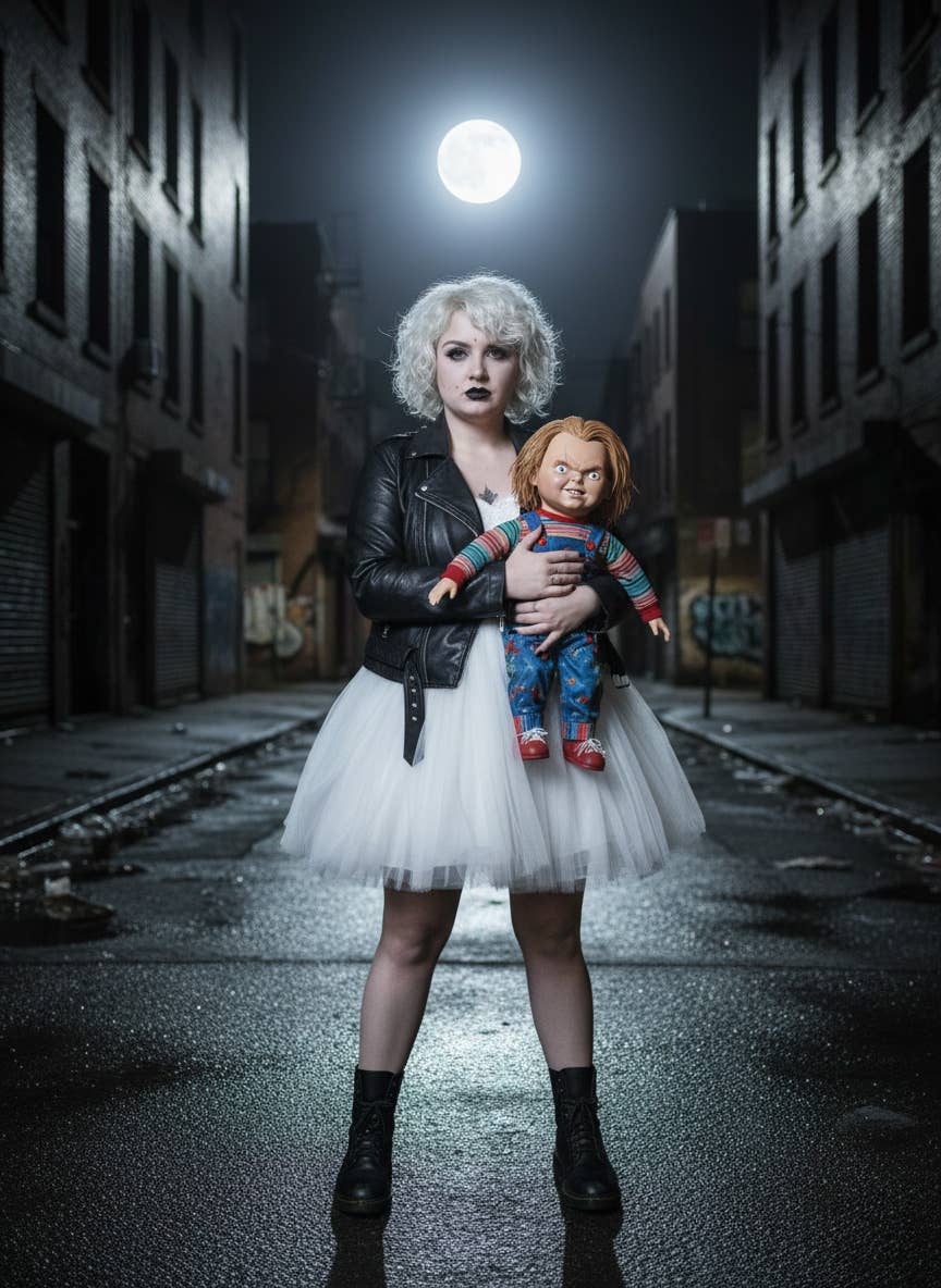 Eine Frau mit weißem Rock und weißen Haaren steht in der Straße mit Chucky im Arm.