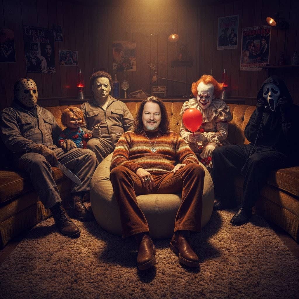 Casi sitzt in einem Sessel, dahinter auf der Couch zahlreiche Horror-Legenden.