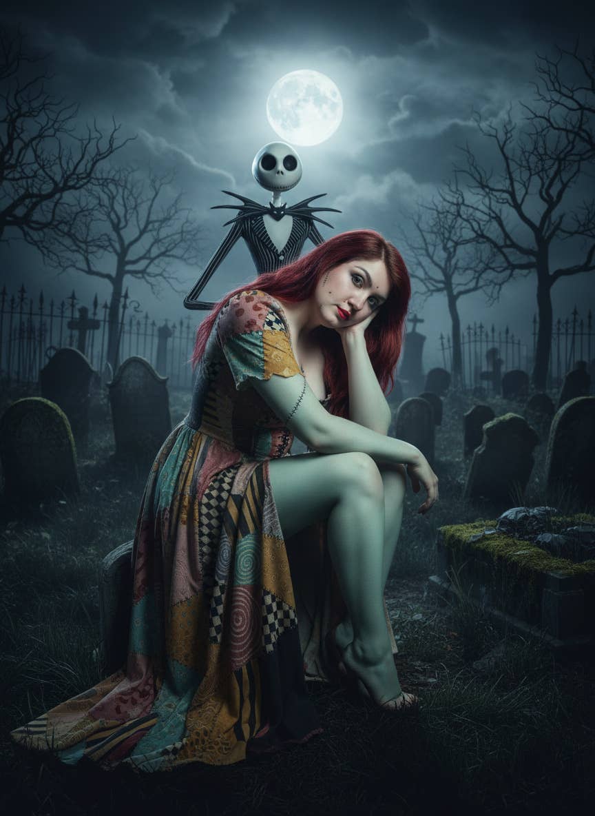Eine Frau im Kleid sitzt auf einem Grabstein auf dem Friedhof. Im Hintergrund steht Jack Skellington.