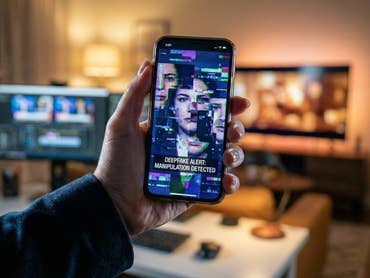 Ein Handy wird in der Hand gehalten und zeigt ein Deepfake-Video.
