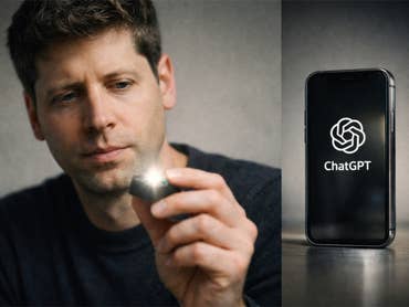 Sam Altman von OpenAI hält ein nicht erkennbares Device. Daneben ein Handy mit ChatGPT.