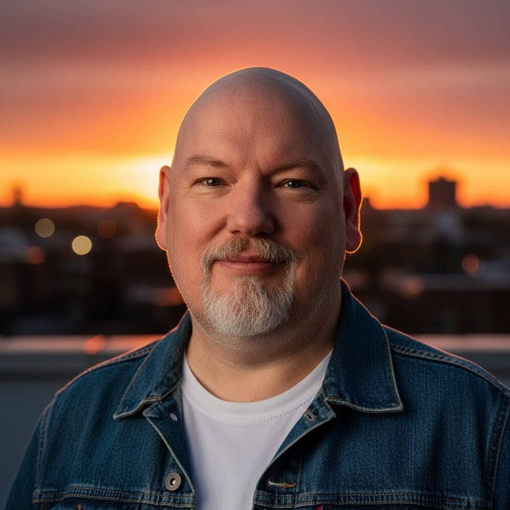 Man steht auf einer Dachterrasse mit der untergehenden Sonne im Rücken.