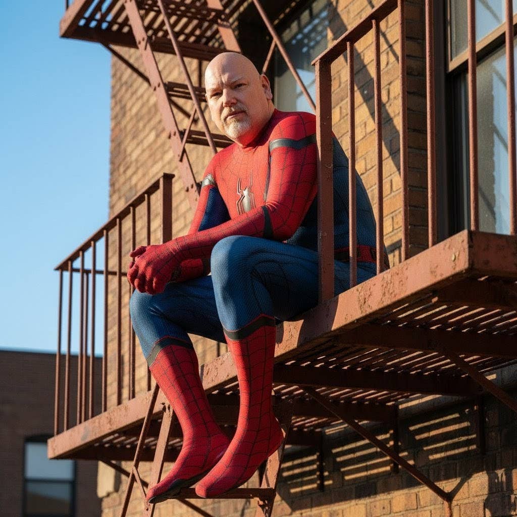 Typ im Spiderman-Kostüm und nicht maskiertem Gesicht sitzt auf einer Feuerleiter eines Hauses.