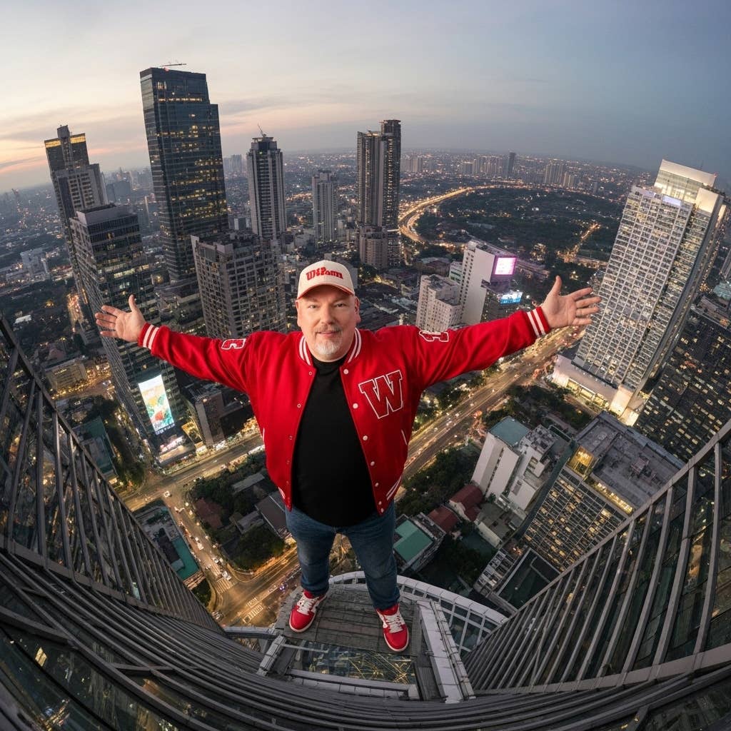 Mann mit Basecap steht oben auf einem Gerüst an der Spitze eines Hochhauses mit Blick auf die Skyline.