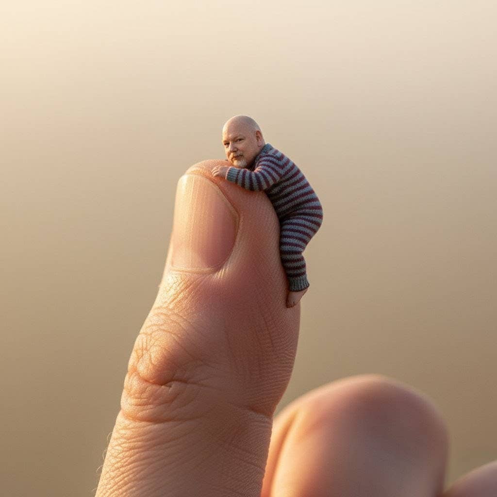 Winziger Mann im Strampelanzug klettert einen riesigen Daumen rauf.