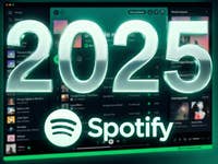 Ein unscharfer Screenshot der Spotify-Oberfläche, im Vordergrund eine große 2025 und ein Spotify-Logo.