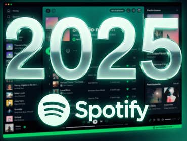 Ein unscharfer Screenshot der Spotify-Oberfläche, im Vordergrund eine große 2025 und ein Spotify-Logo.