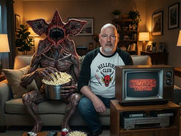 Ein Demogorgon und Casi sitzen mit Popcorn auf der Couch und glotzen Stranger Things.