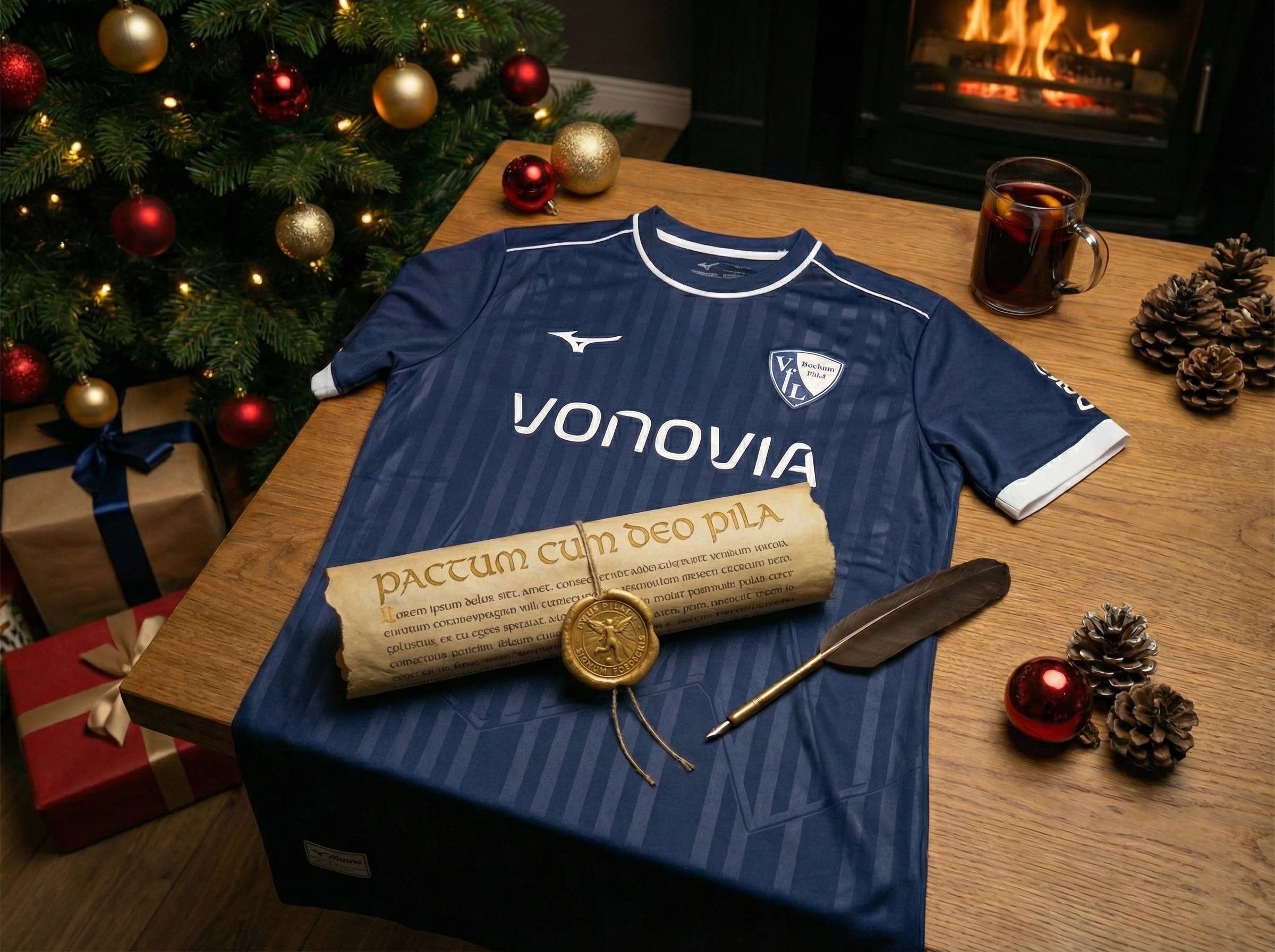 Auf einem weihnachtlich geschmückten Tisch liegt ein VfL-Bochum-Trikot und eine Schriftrolle mit dem Pakt vom Fußballgott.