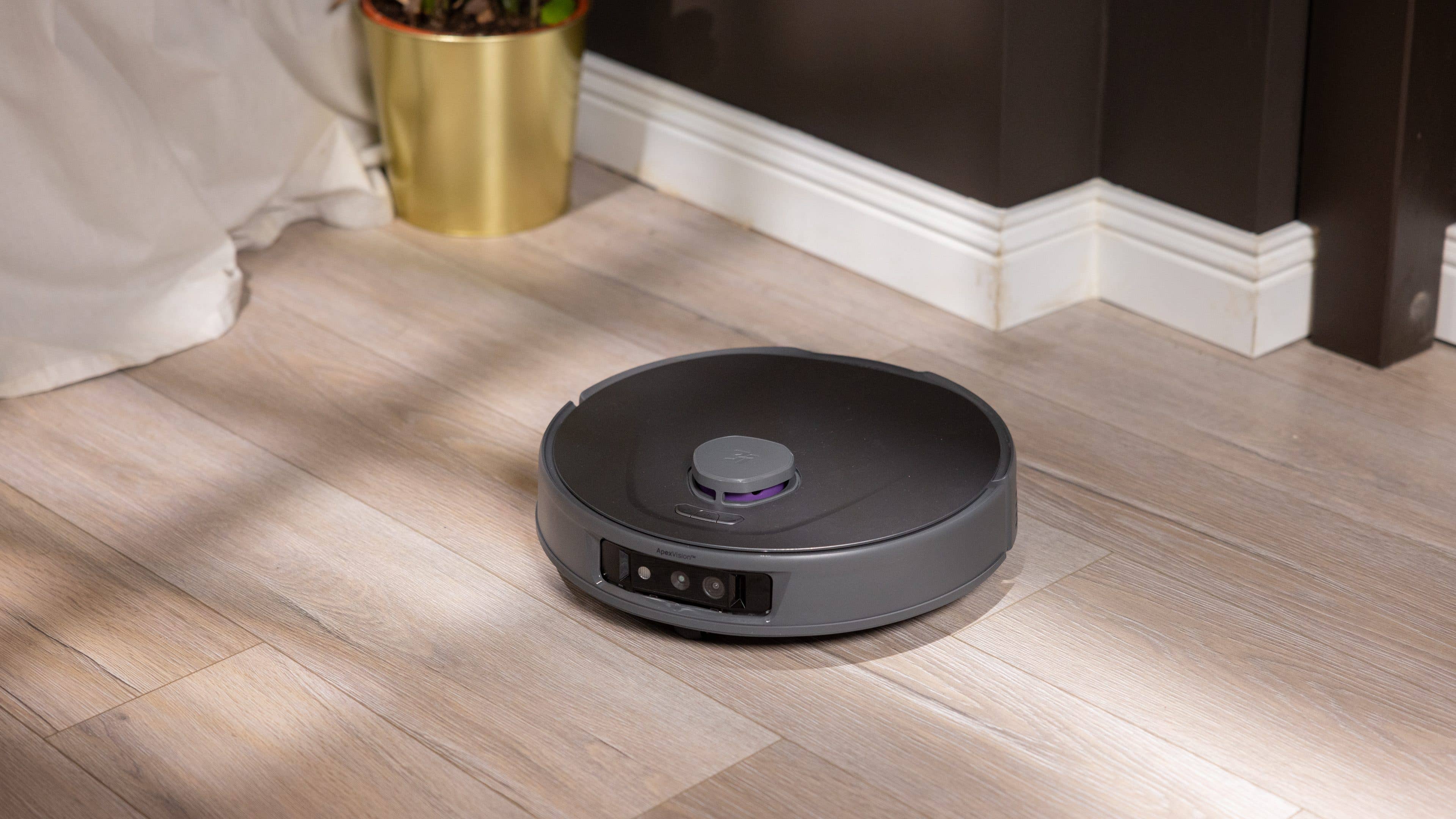 Ein Roboterstaubsauger auf Holzboden neben einer Topfpflanze.