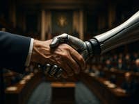 Eine menschliche und eine robotische Hand, die sich in einem formellen Rahmen schütteln.