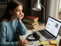 Eine junge Frau mit langen Haaren sitzt an einem Schreibtisch und schaut nachdenklich auf einen Laptop-Bildschirm.