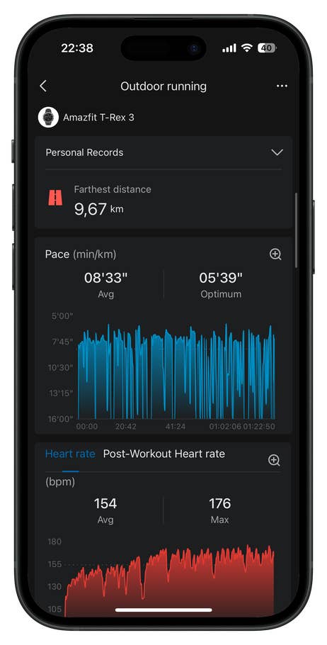 Screenshot der Zepp-App-UI für die Amazfit T-Rex 3