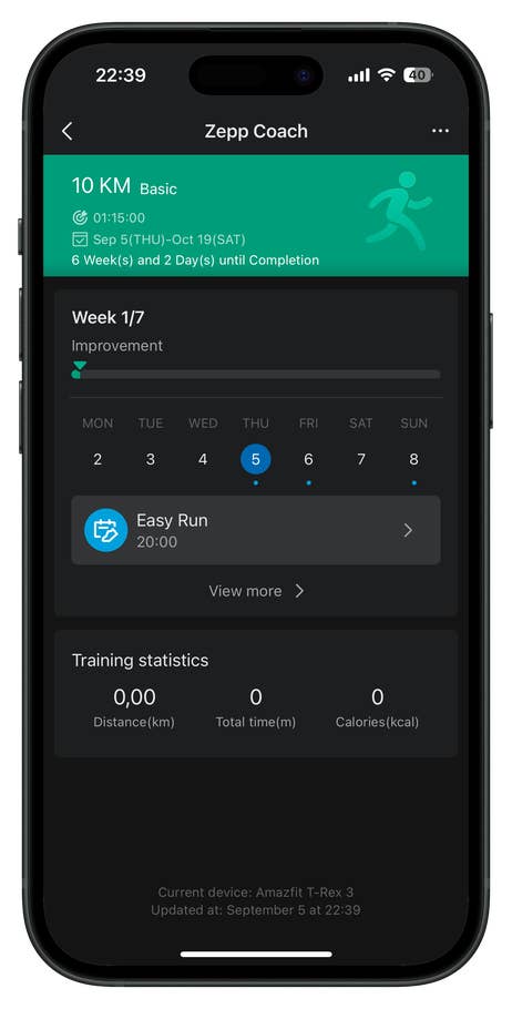 Screenshot der Zepp-App-UI für die Amazfit T-Rex 3