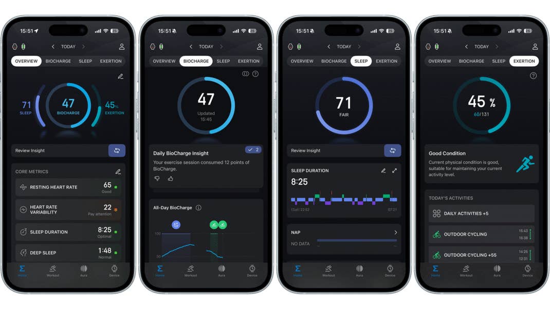 Amazfit T-Rex 3 Pro App-Oberfläche mit Biocharge-, Schlaf- und Belastungsmetriken.