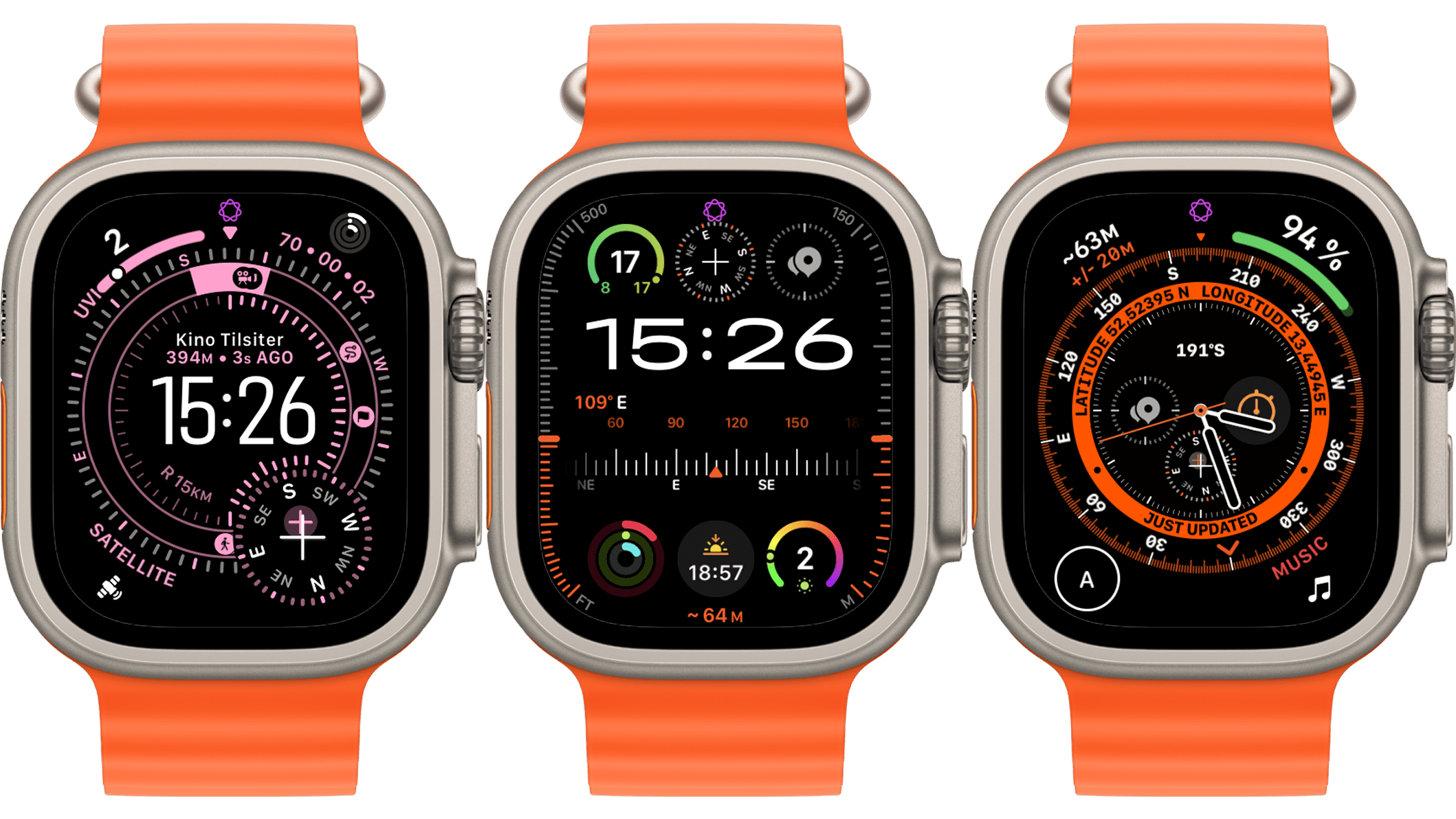 Drei Ansichten der Apple Watch Ultra 3, die verschiedene Zifferblätter und Daten anzeigen, mit einem orangefarbenen Armband.