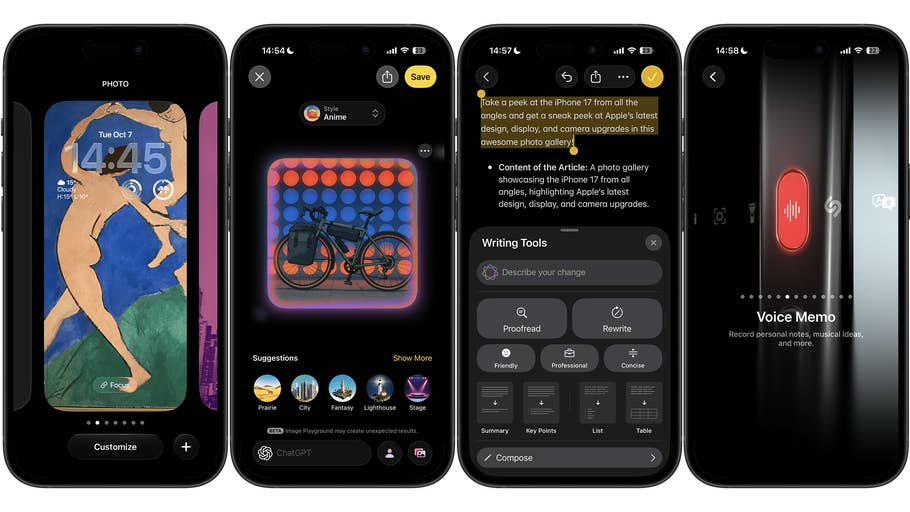 Vier Bilder des Apple iPhone 17, die sein Design, Display und Kameraeigenschaften zeigen.