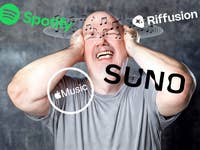 Ein Mann mit schmerzhafter Miene hält sich den Kopf, während Musik-Logos wie Spotify, Apple Music und SUNO ihn umgeben.