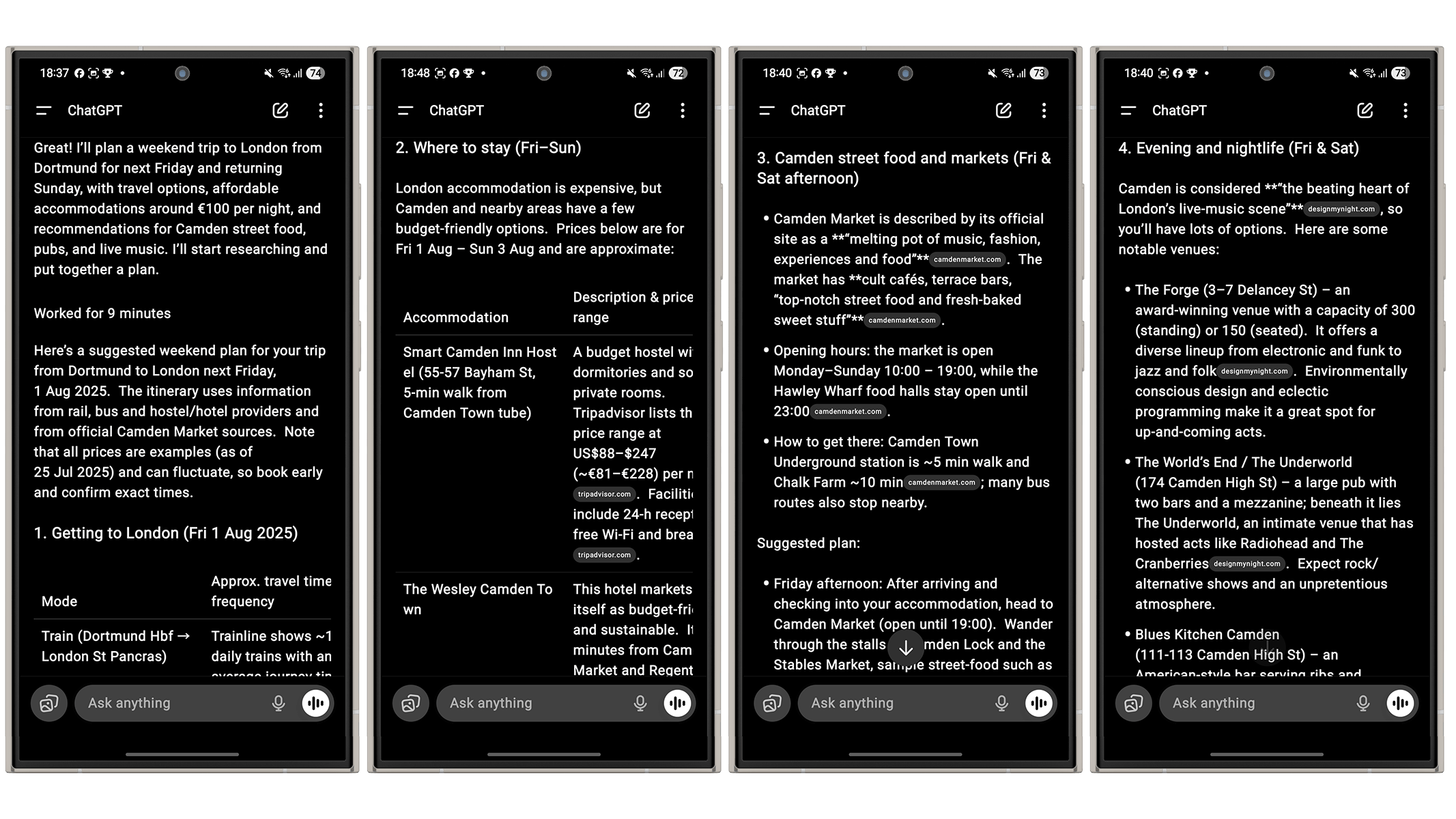 Vier Smartphone-Bildschirme, die Reisepläne für einen Wochenendtrip von Dortmund nach London anzeigen. Vier Smartphone-Bildschirme, die Reisepläne für einen Wochenendtrip von Dortmund nach London anzeigen.