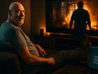 Ein Mann sitzt auf einer Couch mit hochgelegten Füßen und lächelt in die Kamera, während ein Laptop 'ChatGPT' zeigt.