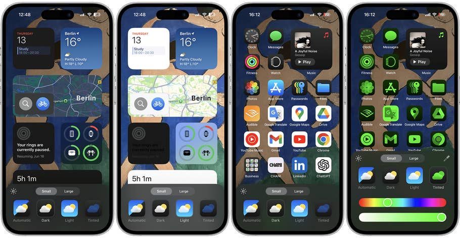 Screenshots zeigen verschiedene Farb-Optionen des Dark Mode unter iOS 18