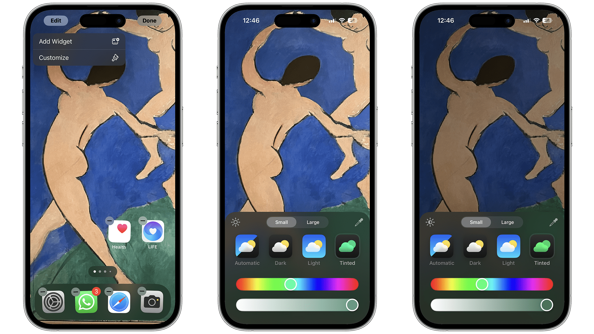 Screenshots zeigen das Dark-Mode-Setup auf dem iPhone unter iOS 18