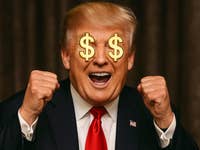 Trump mit Dollarzeichen über seinen Augen lächelt und hebt seine Fäuste zum Feiern.