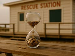 Eine Sanduhr, gefüllt mit Münzen, auf einem Holztisch; im Hintergrund ein Gebäude mit der Aufschrift 'RETTUNGSSTATION'.