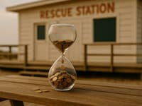 Eine Sanduhr, gefüllt mit Münzen, auf einem Holztisch; im Hintergrund ein Gebäude mit der Aufschrift 'RETTUNGSSTATION'.