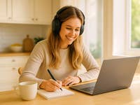 Eine Frau mit Kopfhörern lächelt, während sie in ein Notizbuch neben einem Laptop und einer Tasse schreibt.