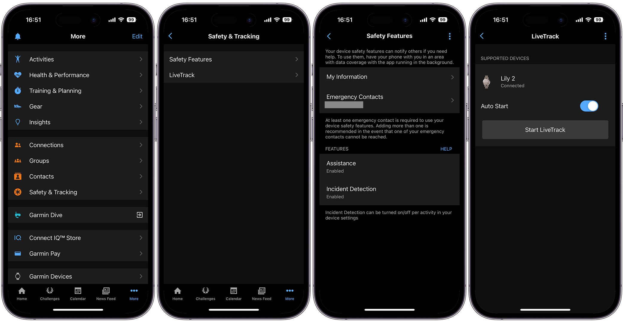 Screenshots der Garmin Connect App UI