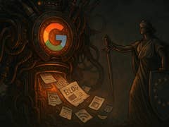 Eine stilisierte Darstellung des Google-Logos mit einer Figur, die Gerechtigkeit repräsentiert, die ein Schwert und ein Schild hält.