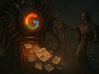 Eine stilisierte Darstellung des Google-Logos mit einer Figur, die Gerechtigkeit repräsentiert, die ein Schwert und ein Schild hält.