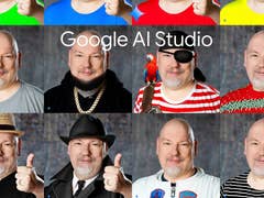 Eine Collage eines Mannes in verschiedenen Outfits, der jeweils Daumen hoch zeigt; Text lautet 'Google AI Studio'.