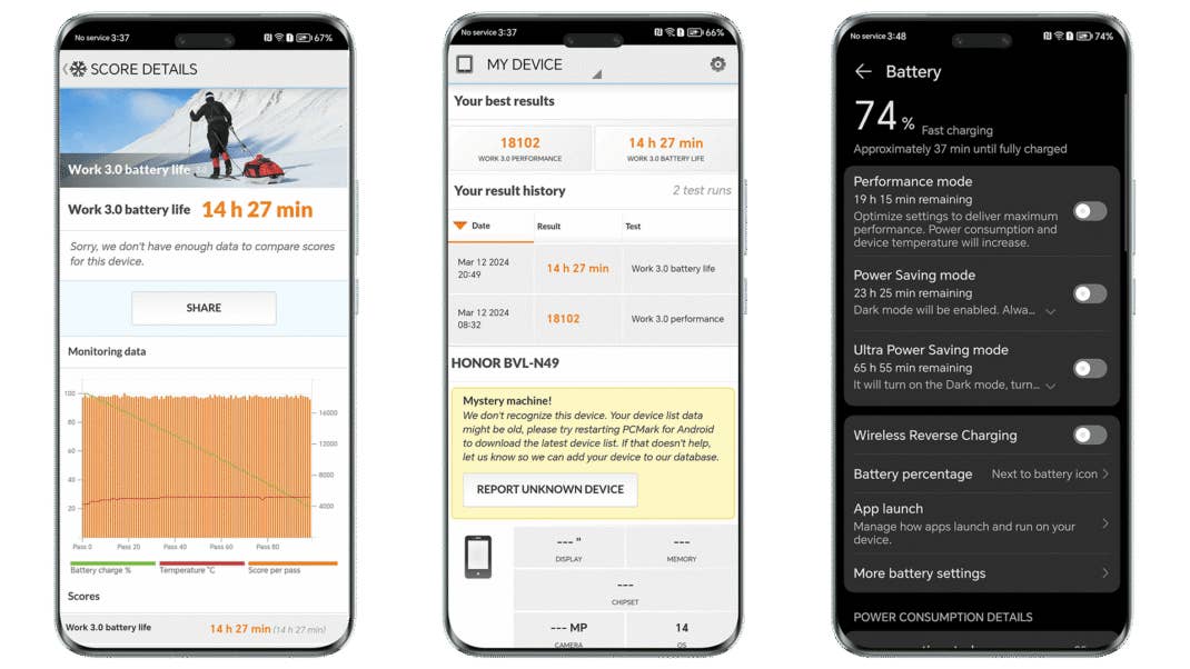 Screenshots von der Akku-Performance des Honor Magic 6 Pro