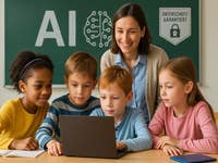 Eine Lehrerin und vier Kinder, die in einem Klassenzimmer mit einem Laptop beschäftigt sind, mit 'KI' an der Tafel.