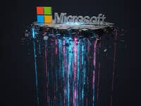 Microsoft-Logo mit bunten Lichteffekten und einer schwebenden, schrottähnlichen Oberfläche.
