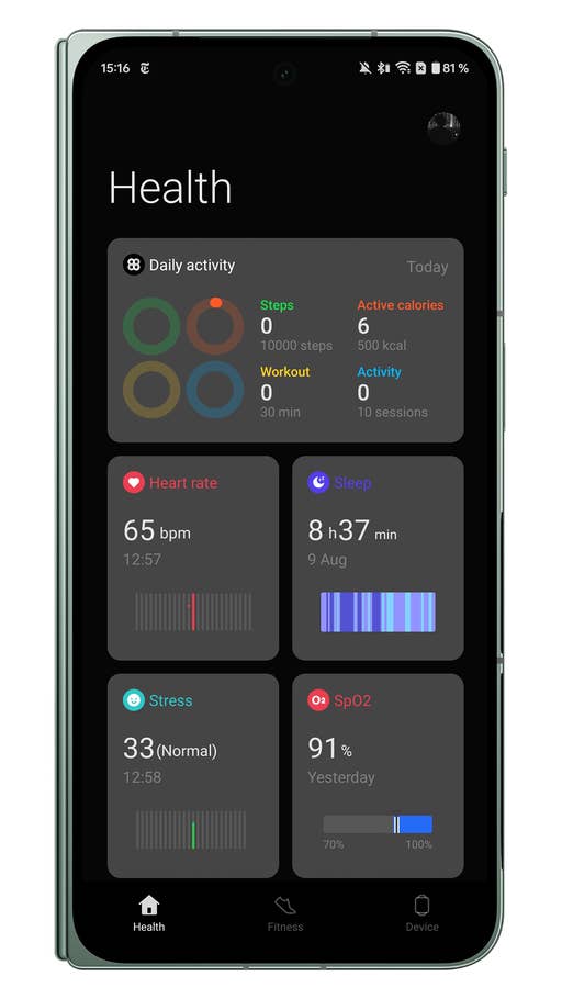 Screenshots der Benutzeroberfläche der OnePlus Watch 2R-Begleiter-App: Hauptbildschirm