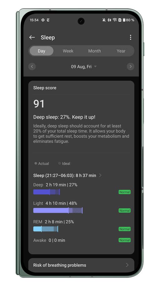 Screenshots der Benutzeroberfläche der OnePlus Watch 2R-Begleit-App: Schlaf-Metriken