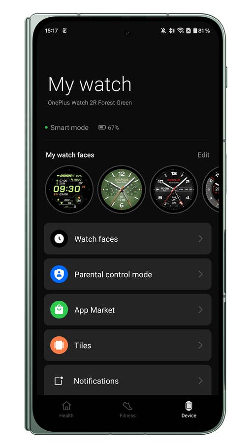 Screenshots der Benutzeroberfläche der OnePlus Watch 2R-Begleiter-App: Dritter Bildschirm