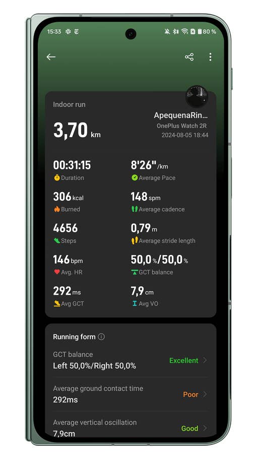 Screenshots der Benutzeroberfläche der OnePlus Watch 2R-Begleiter-App: Indoor-Lauf