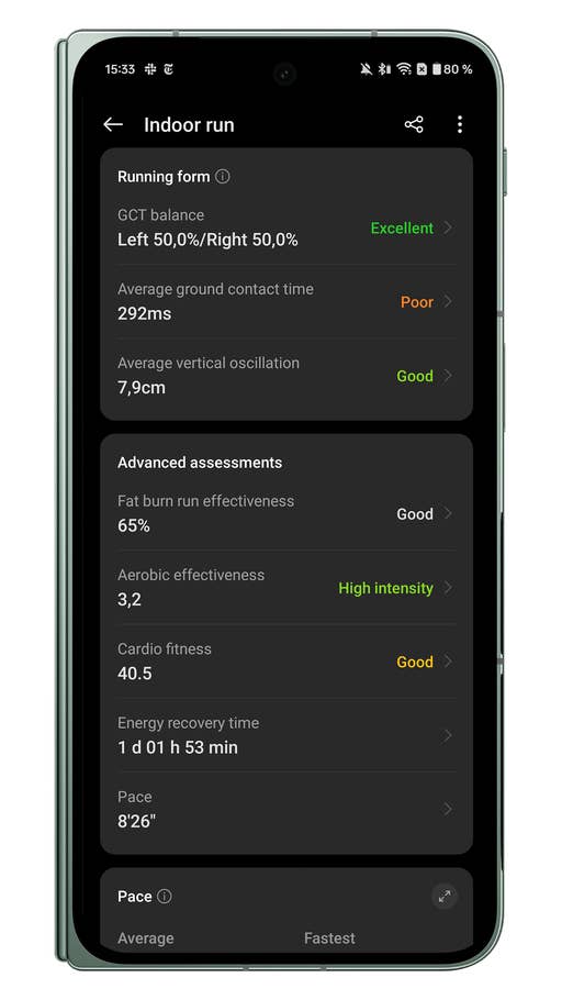 Screenshots der Benutzeroberfläche der OnePlus Watch 2R-Begleiter-App: Indoor-Lauf