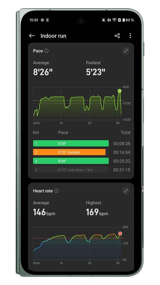 Screenshots der Benutzeroberfläche der OnePlus Watch 2R-Begleiter-App: Indoor-Lauf