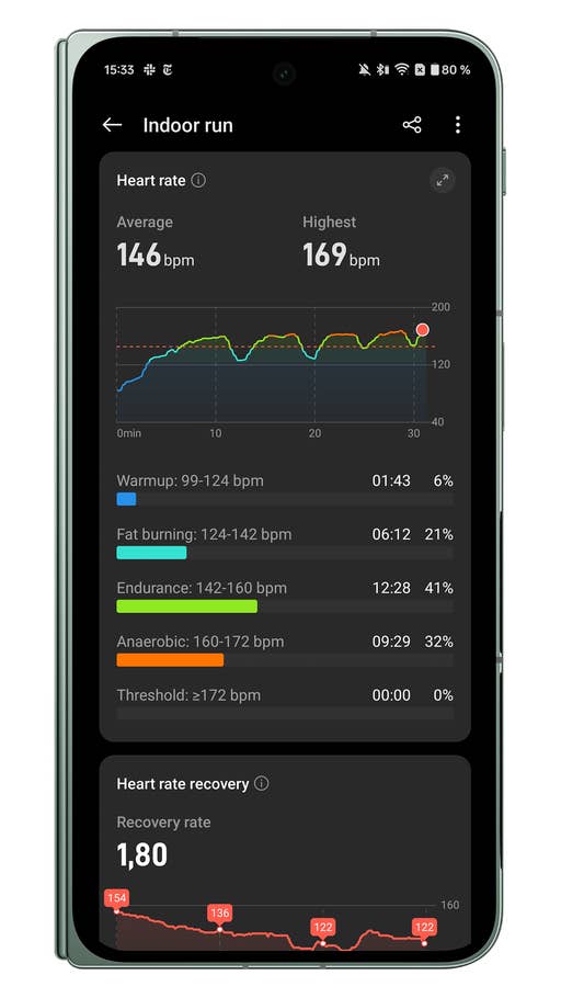 Screenshots der Benutzeroberfläche der OnePlus Watch 2R-Begleiter-App: Indoor-Lauf